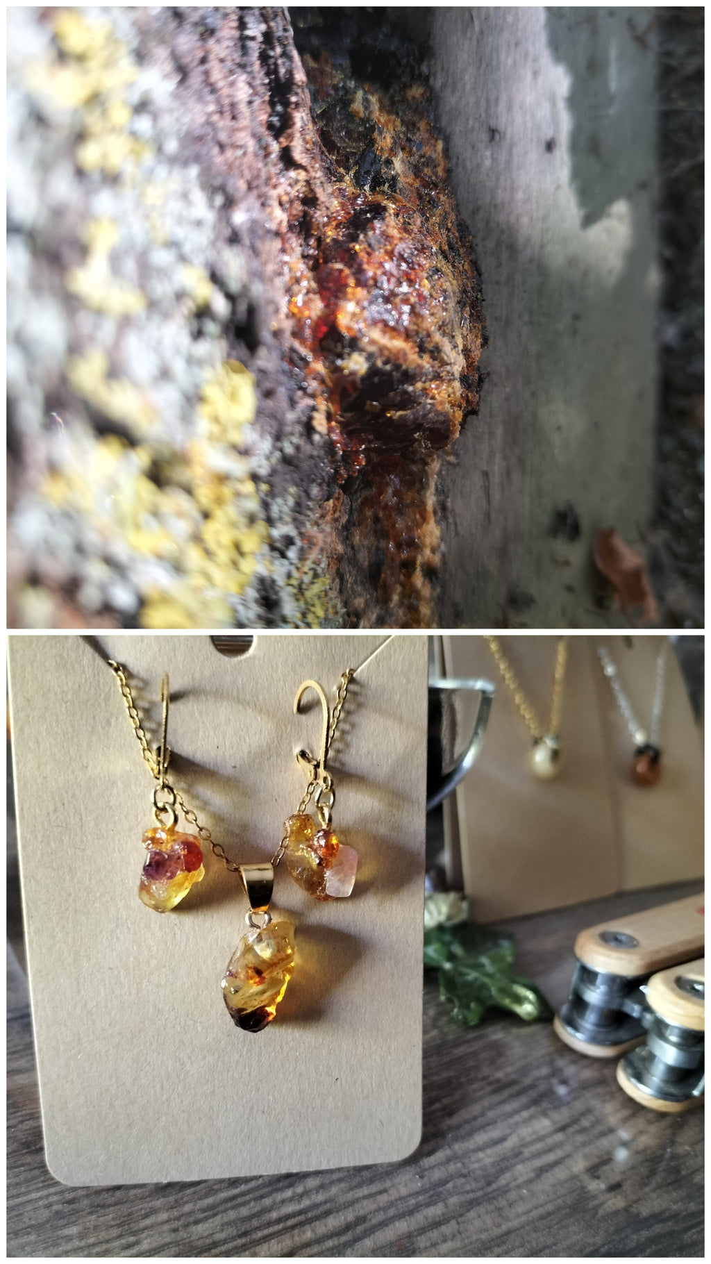 Collier talisman et paire de boucles d'oreilles en résine de cerisier