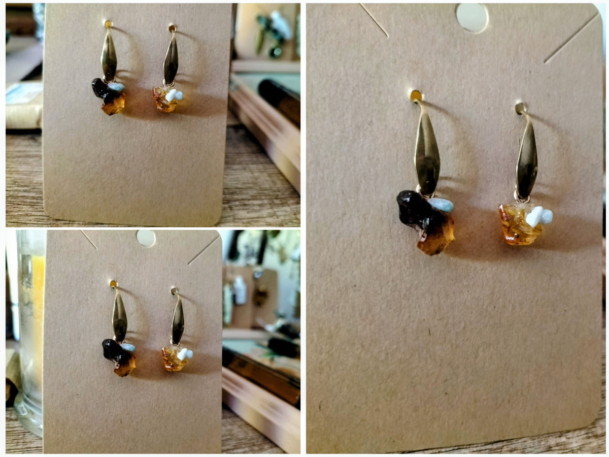 Ambre paire de boucles d'oreilles avec paillettes de turquoise et résine de cerisier