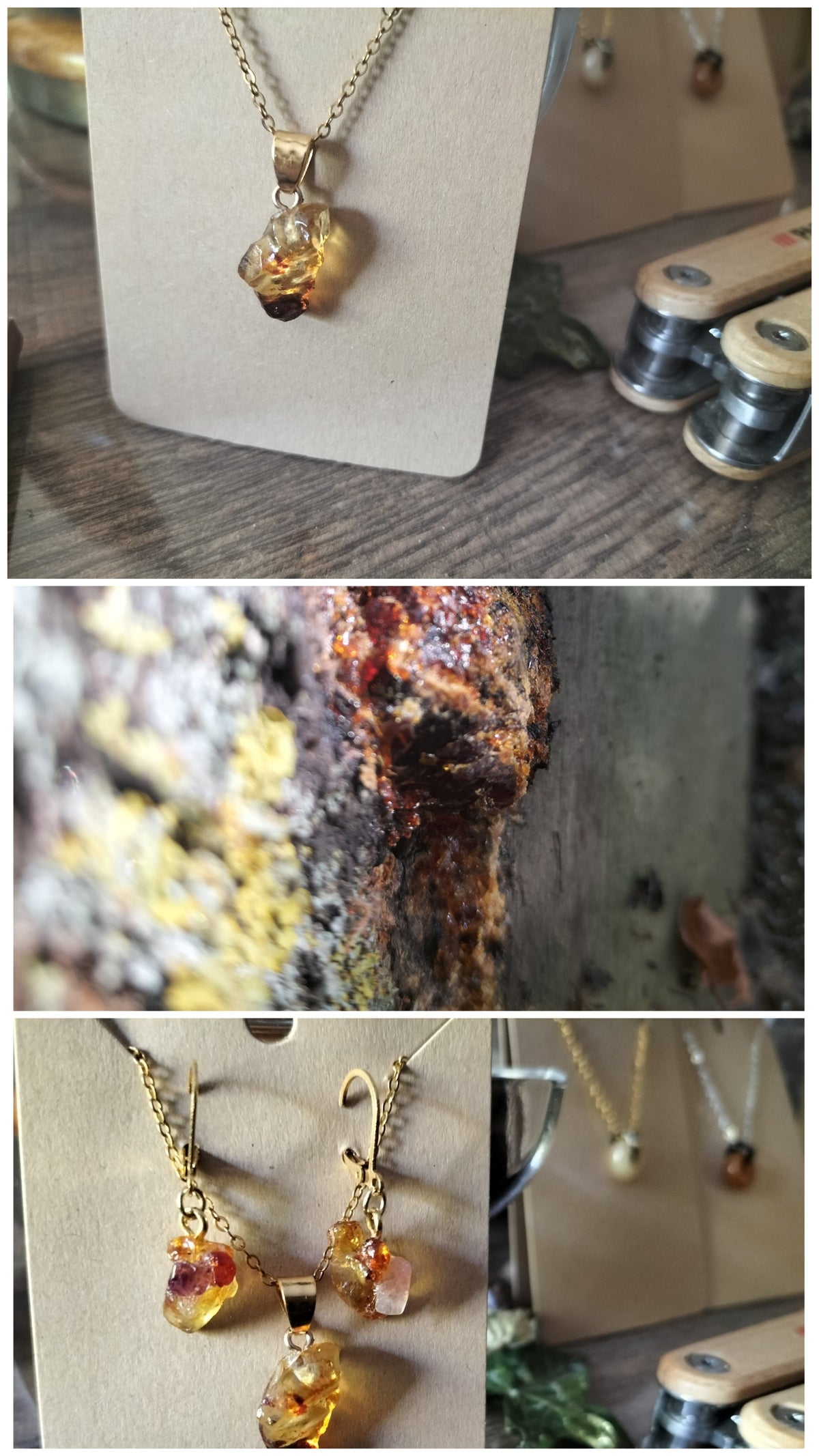 Collier talisman et paire de boucles d'oreilles en résine de cerisier