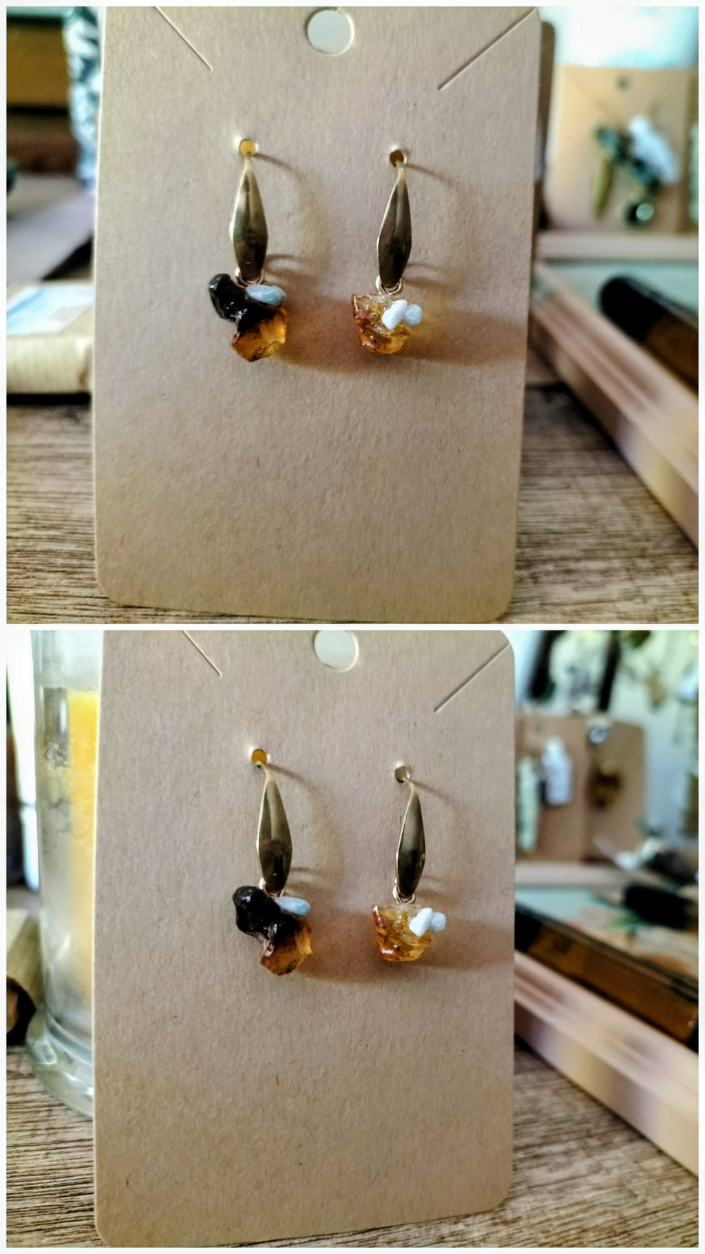 Ambre paire de boucles d'oreilles avec paillettes de turquoise et résine de cerisier